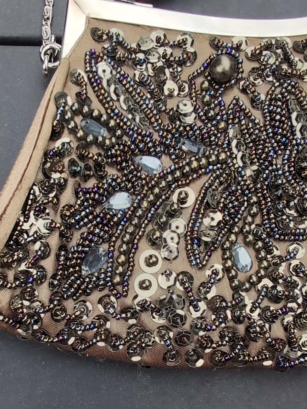 Embellished Taupe Evening Clutch with Detachable Chain - Picture 4 of 14